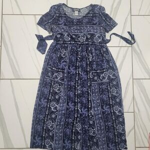 Vintage vottagecore blue boho floral midi dress with tie sleeves and pockets 12